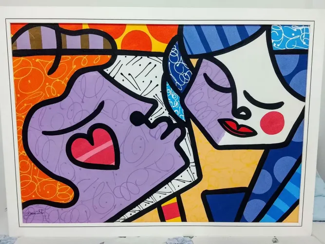 Quadro grande estilo pop art - tela pintada com moldura branca