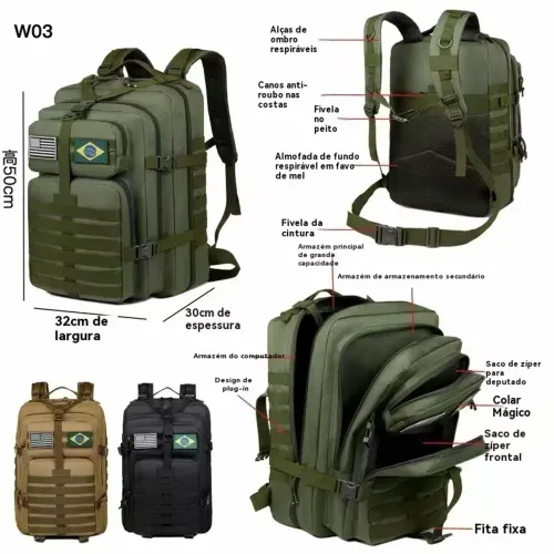 Mochila Tática Militar 50L Impermeável - A Pronta Entrega