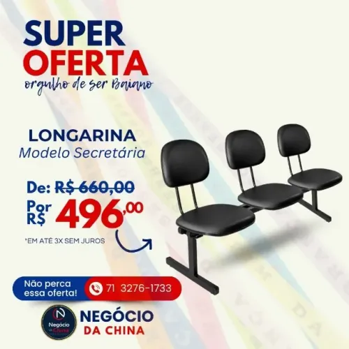 Longarina Secretária 3 lugares em couro ecológico