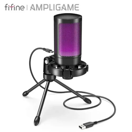Microfone Gamer condensador FIFINE A2 RGB USB Gaming Mic, LED, PC PS4 PS5 c/ Tripé - PRETO