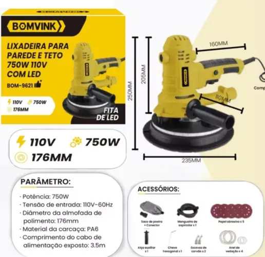 Lixadeira de parede teto 750 watts bomvink 220 aspiração de pó