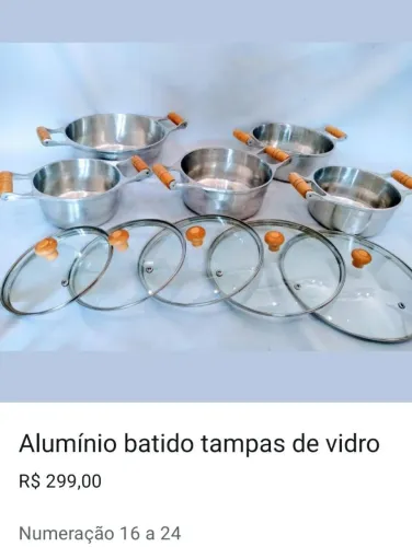 Jogo 5 Panelas de Alumínio Batido com Tampas de Vidro
