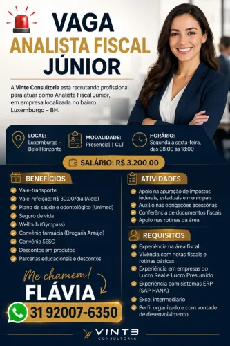 ANALISTA FISCAL JÚNIOR - Bairro Luxemburgo - Belo Horizonte/MG