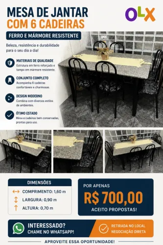 Mesa de Jantar em Ferro e Mármore com 6 Cadeiras - Em Perfeito Estado | R$ 700,00