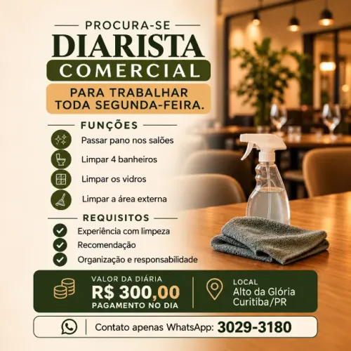 Diarista Comercial Semanal - Restaurante no Alto da Glória