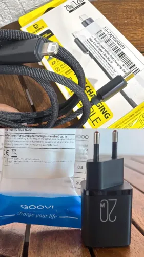 KIT CARGA - Cabo Baseus (USB-C para Lightning ? 20W)  +. Carregador Turbo GaN de 20W QOOVI