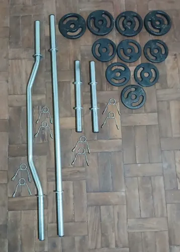 Kit halteres, barra e barra W mais 14 kg de anilhas