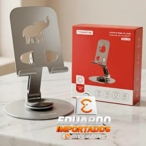 Suporte Para Celular Dobrável de Mesa, 360° Em Aço Carbono, Antiderrapante, Dissipação