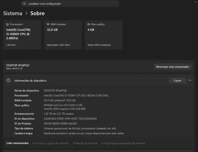 Notebook Gamer Acer Nitro 5 (AN515-54) - 32GB RAM / 1TB SSD / GTX 1650