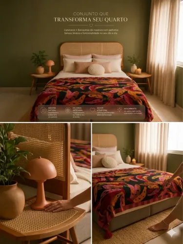 Conjunto quarto casal em madeira e palhinha