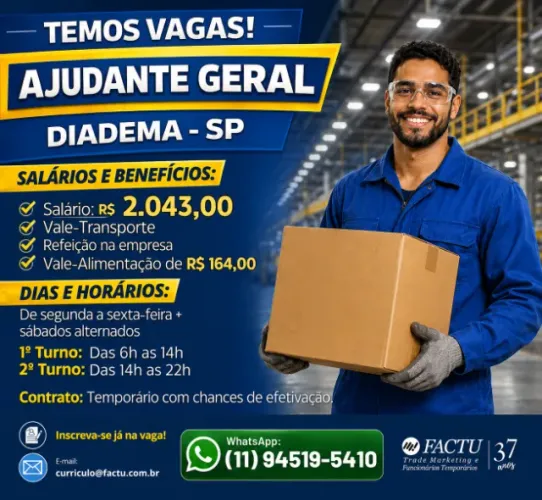 Vaga para Ajudantes de Serviços Gerais em Diadema - SP