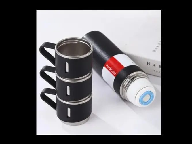 Kit Garrafa Térmica Inox 500ml Com 3 Xícaras Camping Viagem - Preto