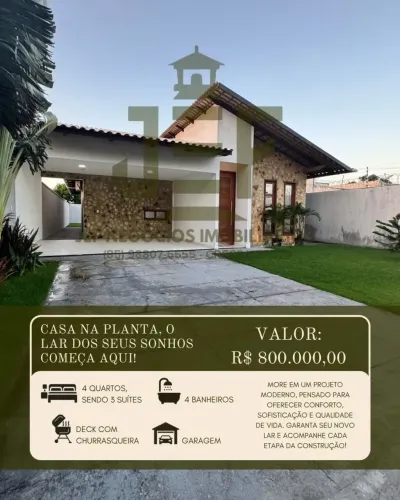 CASA NA PLANTA 4 QUARTOS, SENDO 3 SUITES - PARACURU - CE