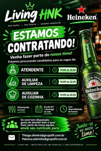 ?Vagas de Emprego - Living HNK (Atendente / Aux. Limpeza / Aux. Cozinha)