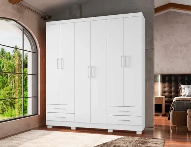 Roupeiro P/ Casal - 6 Portas + 4 Gavetas - Branco 206cm Larg