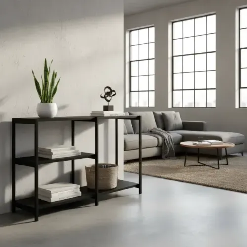 Aparador Industrial Aço Carbono Preto 120cm com MDF Preto