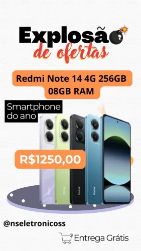 Smartphone Redmi Note 14 4G 256GB 8GB RAM Global Entregamos Gratis Preto Azul Verde