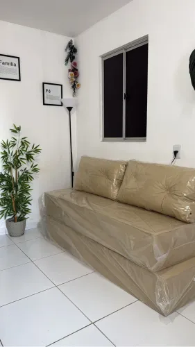 Sofá Bicama em Courino Bege Duas Almofadas Grandes Novo no Plástico