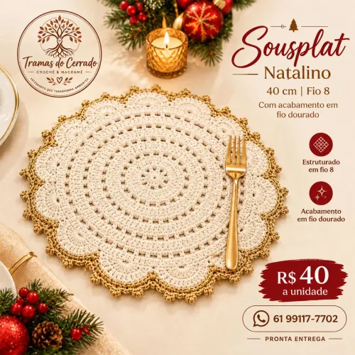 Sousplat de Crochê, unidade, 40cm, cru com dourado