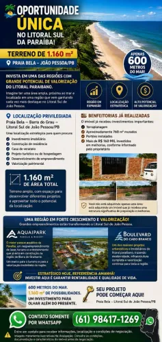 Oportunidade Única - Área de 1.160 m² em Praia Bela / Barra do Graú Litoral sul de JP/PB