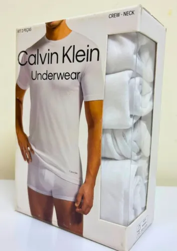 Kit Camiseta Calvin Klein Casual Masculina - 2 Peças - Branco Lisa