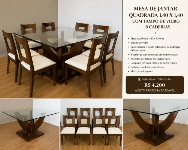 MESA DE JANTAR QUADRADA 1,40 × 1,40 COM TAMPO DE VIDRO + 8 CADEIRAS