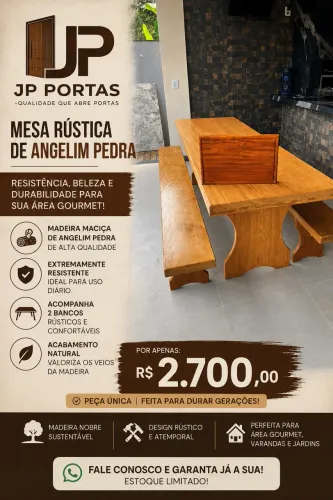 Mesa angelim pedra com 2 bancos