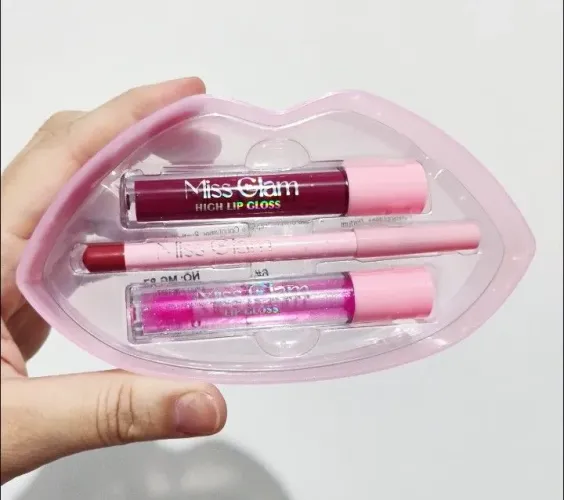 Kit lip kit - 2 glosses+ 1 lápis de boca + caixinha formato de boca rosa