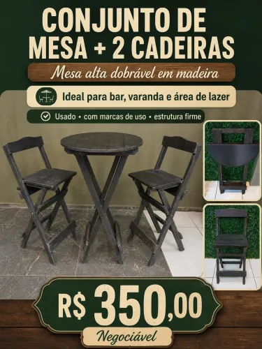 CONJUNTO DE MESA + 2 CADEIRAS Mesa alta dobrável em madeira