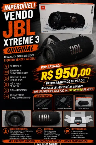 JBL Xtreme 3 Original Preta | Completa | Caixa e Alça Originais | Estado de Nova