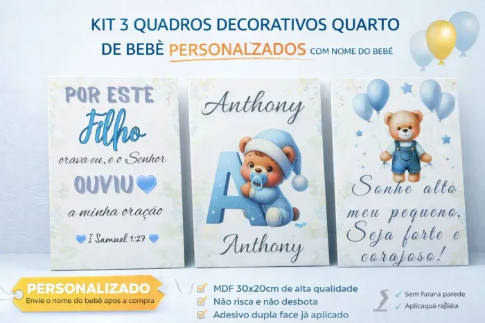 ? Kit 3 Quadros Decorativos Personalizados - Quarto de Bebê ?