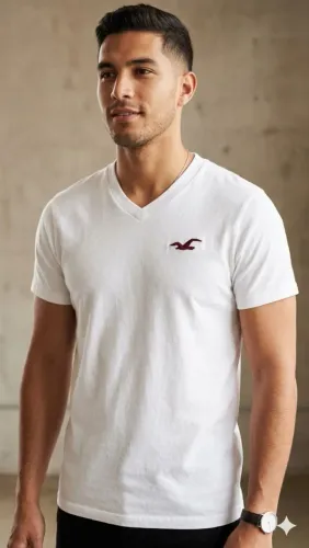 Camiseta Hollister Original Branca | Gola V | Logo Gaivota Vermelho