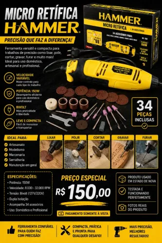 Micro Retífica Hammer 150W + 34 Acessórios - Estado de Nova