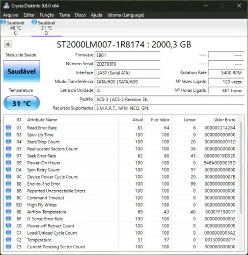 HD Externo Seagate 2TB USB 3.0 - 861 horas de uso