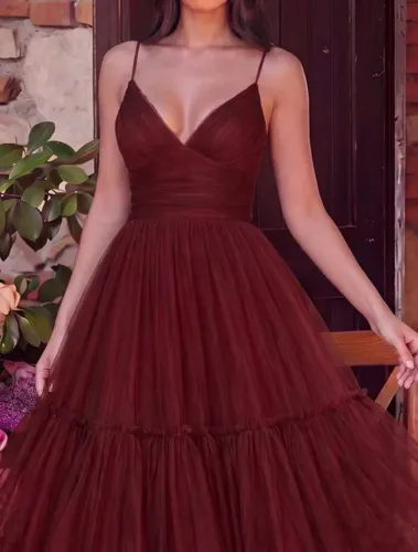 Vestido de Festa Longo Marsala/Vinho em Tule - Usado 1 vez - Tam. P