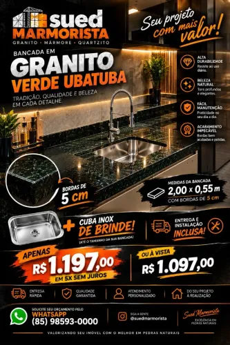 Bancada em granito verde Ubatuba 2,00 x 55