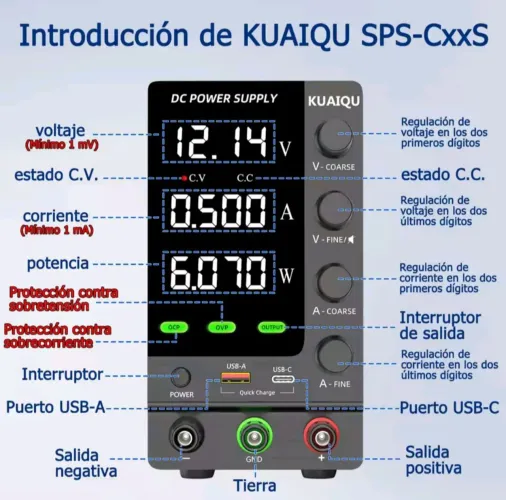 Fonte de Alimentação Ajustável CC KUAIQU SPS-CxxS - Alta Precisão com USB e Display LED