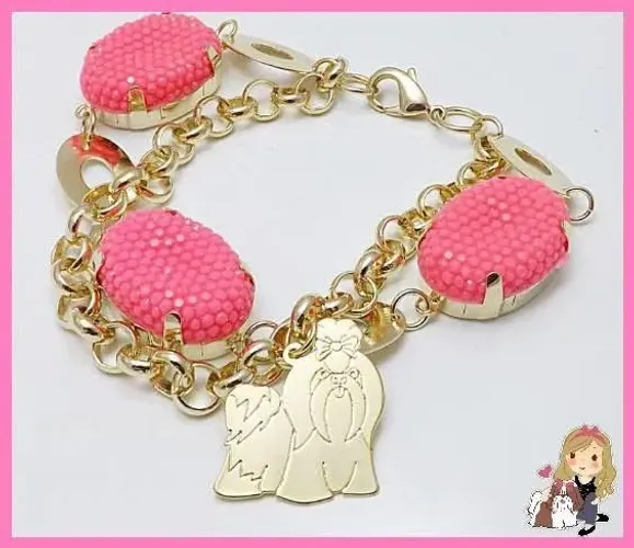 Pulseira Semijoia Folheada Ouro Raças de Cachorro / Patinha com Pedras