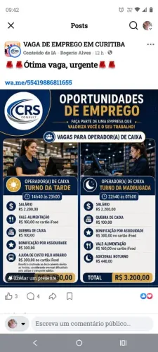 Vaga de atendimento em loja conveniência