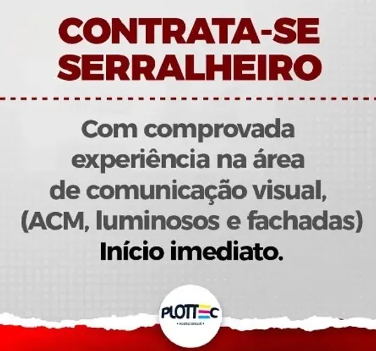 Vaga emprego Serralheiro e Plaqueiro