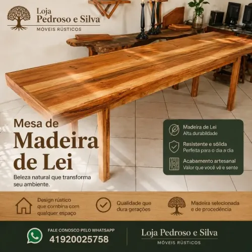 Mesa de madeira de lei beneficiada com resina acrílica