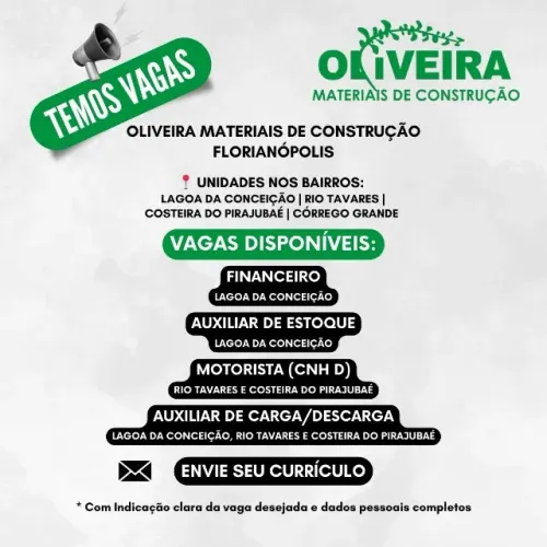 VAGAS ABERTAS - Oliveira Materiais de Construção