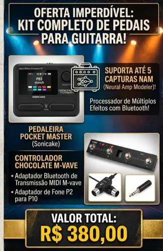 Pedaleira Pocket Master + chocolate e adaptador Midi mvave