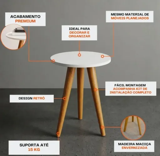 Mesa Lateral Redonda Retrô Branca de MDF para Sala Quarto com Pés Palito