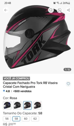 Capacete novo Tam 58 feminino