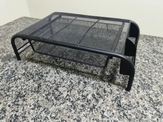 Suporte de monitor de malha de metal com gaveta, organizador de mesa ergonômico e elevador