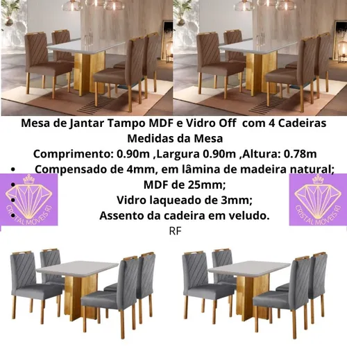 Mesa de Jantar Tampo MDF e Vidro Off 90×90 com 4 Cadeiras