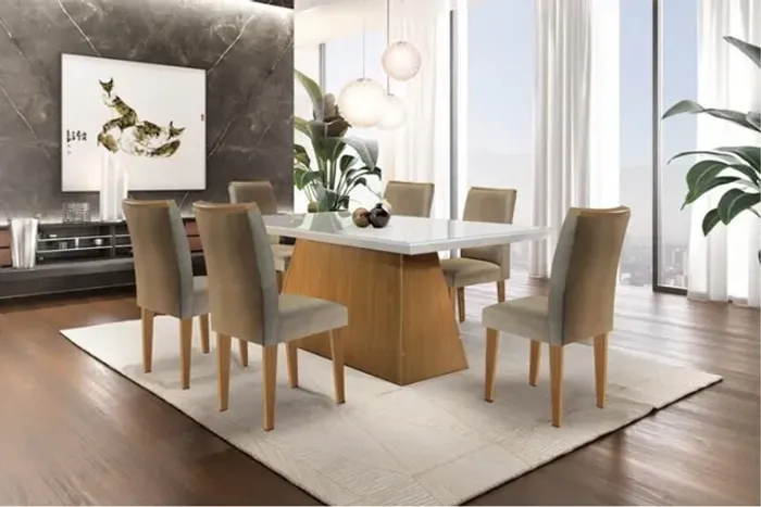 Mesa de Jantar Luna Imbuia180×90 6 Cadeiras Lunara Bege 07 Até 12x