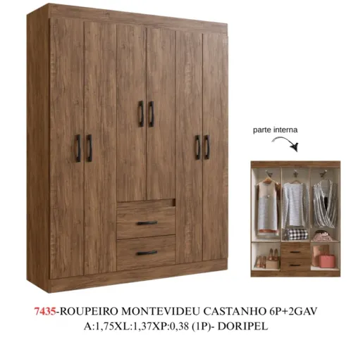 Guarda Roupa Solteirão Montevideu 6 Portas Novo de Fábrica Castanho