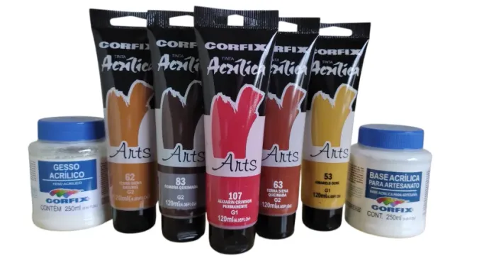 Kit de tinta acrílica para pintura em tela com 5 tubos de 120 ml + base + gesso acrílico 